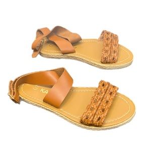 KAANAS Women's Brown & Tan Open Toe Slingback Cross Strap Flats Sandals Size 5